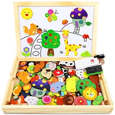 Abbildung von Jojoin Holzpuzzle mit Doppelseitiger Tafel, Puzzles, 110 Stück Tiermuster Pädagogisches Magnetische Holzspielzeug, Kreativ Lernspielzeug für Kinder