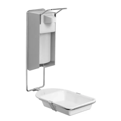 Abbildung von 1x ARNOMED Desinfektionsspender mit Tropfschale, Aluminium Seifenspender für 500ml, zur Wandbefestigung kurzem Armhebel, Eurospender Desinfektionsmittel, Soap Dispenser, Spender