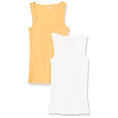 Abbildung von Amazon Essentials Damen Tanktop mit schmaler Passform und quadratischem Ausschnitt, 2er Pack, Weiß/Melonenorange, XS