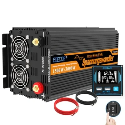Abbildung von EDECOA Spannungswandler 12v 230v Wechselrichter 12 auf Reiner Sinus 1500w Konverter mit Fernbedienung LCD und 2 USB Wandler (1500w 12v)