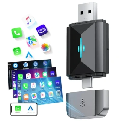 Abbildung von Volam 2 in 1 CarPlay Wireless Adapter, Android Auto Dongle wandelt Kabelgebundenes Kabelloses um, für werkseitig verkabelte Autos ab 2016, Typ C/USB, Plug &amp; Play