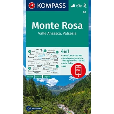 Abbildung von KOMPASS Wanderkarte 88 Monte Rosa, Valle Anzasca, Valsesia 1:50.000: 4in1 mit Aktiv Guide und Detailkarten inklusive Karte zur offline ... in der App. Fahrradfahren. Skitouren.