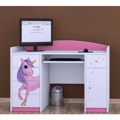 Abbildung von Happy Babies Schreibtisch für Kinderzimmer 125x89x60 weiß Rosa Büro PC mit Tastaturablage Computertisch Schubladen Muster Einhorn