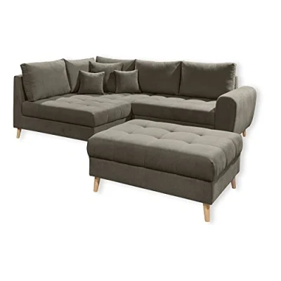 Abbildung von ALICE Ecksofa mit Hocker, Stoffbezug Schlamm Moderne Eckcouch Kissen &amp; Massivholz Füßen 249 x 94 175 cm (B/H/T)