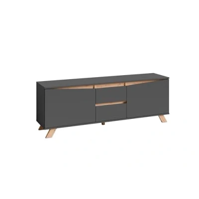 Abbildung von byLIVING TV Board Valentin/Lowboard matt anthrazit mit Absetzung in Eiche Optik/Fernsehtisch 2 Türen und Schubkästen/Fernsehschrank im Scandi Style/Grifflos/B 160, H 60, T 38 cm