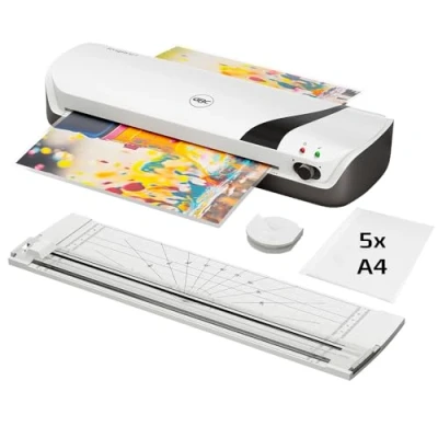 Abbildung von GBC Inspire+ 4 in 1 Set mit A4 Laminiergerät, Papierschneider und Eckenrunder, inkl. Starterkit Laminierfolien, Für 75 bis 125 mic Laminiergerät Weiß (4410034)