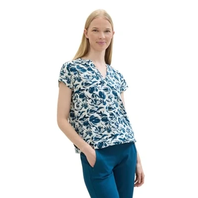 Abbildung von TOM TAILOR Damen Kurzarm Bluse mit Muster , blue abstract floral design, 32