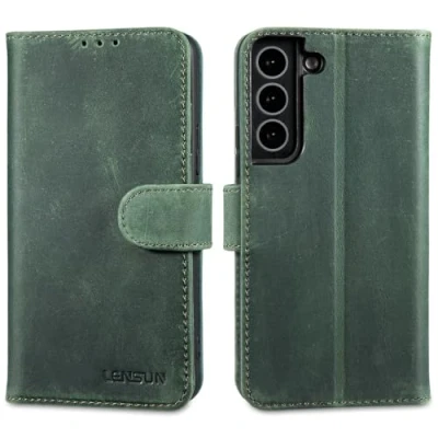 Abbildung von LENSUN Lederhülle für Samsung Galaxy S22, Echtleder Handyhülle [RFID Schutz][Klappbar][Echtes Leder] Hülle Flip Schutzhülle S22 5G Retro Grün