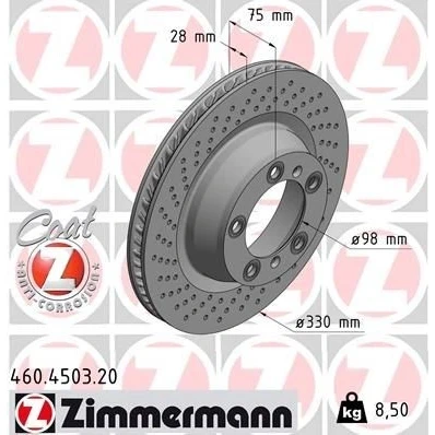 Abbildung von ZIMMERMANN COAT Z 460.4503.20 Bremsscheibe 330 28 7/5 5 130 innenbelüftet, gelocht beschichtet PORSCHE: 911 Coupe, Cabrio
