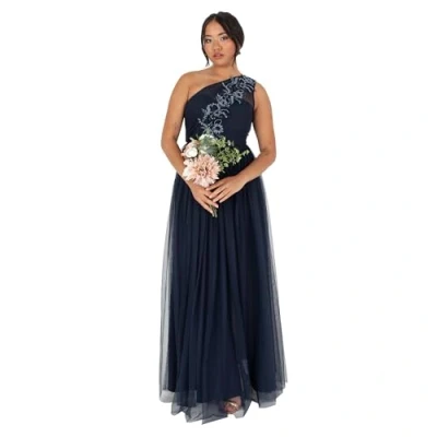 Abbildung von Maya Deluxe Damen Women&#039;s Ladies Maxi Dress Sleeveless One Shoulder Sequin Embellished Tulle Split Slit A line for Evening Prom Ball Gown Kleid, Navy Blue, 42