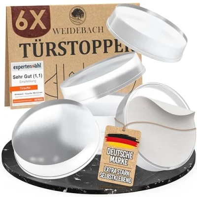 Abbildung von WEIDEBACH® 6x Dezente Türpuffer Transparent, Türstopper Wand Selbstklebend 20x5 mm, Elastikpuffer für Bad, Glasflächen, Wände, Gummistopper, Klebepunkte
