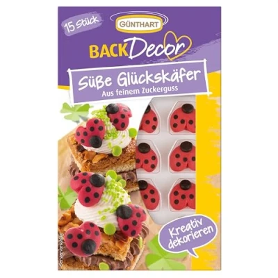 Abbildung von Günthart BackDecor 15 Stück süße Glückskäfer aus feinem Zuckerguss als essbare Zucker Marienkäfer geeignet für Dekoration auf Torten, Kuchen und CupCakes, (1er Pack 19 gr)