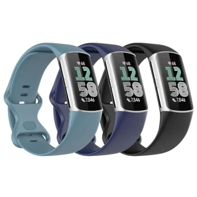 Abbildung von Astorgos 3 Stück Armband Kompatibel mit Fitbit Charge 6/Fitbit 5 für Damen Herren, Weiches TPE Uhrenarmband Ersatzarmband, Schwarz/Dunkel Blau/Blau