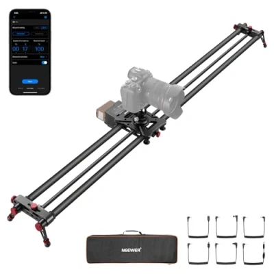 Abbildung von NEEWER 120cm motorisierter Kamera Slider, Drahtlose App Steuerung, Kohlefaser DSLR Dolly Slider mit 4400mAh F750 Akku (Ladegerät Nicht inklusive), unterstützt Video Modus, Zeitraffer Fotografie, ER1