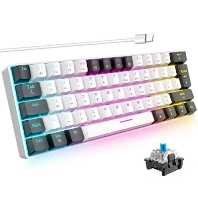 Abbildung von ZIYOU LANG 60% Mechanische Gaming Tastatur 62 Tasten Kompakte Mini Kabelgebundene 18 RGB LED Beleuchtung Blaue Schalter Schwebenden Tastenkappen für Windows PC PS4 Xbox(Weiß&amp;Schwarz)