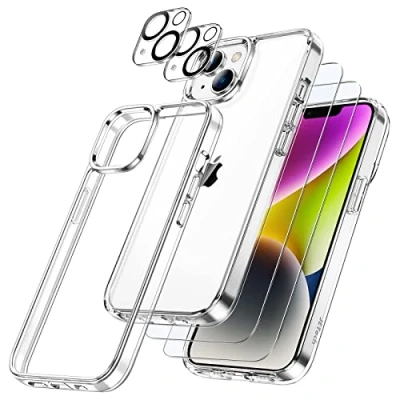 Abbildung von JETech 5 in 1 Hülle für iPhone 14 6,1 Zoll, 2 Schutzfolie und Kameraschutz, Nie Vergilbung, Full Screen Panzer Schutz Glas Folie Displayschutz Kamera, Stoßfest Handyhülle (Durchsichtig)