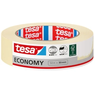 Abbildung von tesa Malerband ECONOMY Vielseitiges Klebeband für Malerarbeiten ohne Lösungsmittel Bis zu 4 Tage nach Gebrauch rückstandslos entfernbar, 50 m x 30 mm