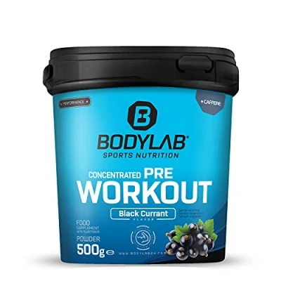 Abbildung von Bodylab24 Concentrated Pre Workout Schwarze Johannisbeere 500g, enthält unter anderem Kreatin, Beta Alanin, Arginin, Niacin und Koffein, bewährte All In One Formel fürs Training