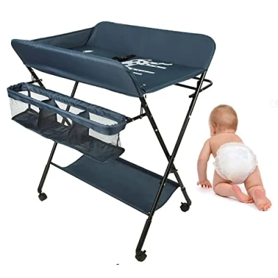 Abbildung von OHMG Baby Wickelkombi Klappbare Wickelkommode,Wickeltisch mit Rollen,Mobiler Wickeltisch Wickelauflage,Sicherheitsgurt und Ablagefächern,Wasserdicht Höhenverstellbar,Stabil