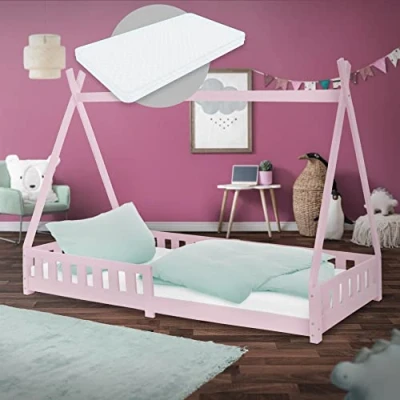 Abbildung von ML Design Kinderbett Tipi 90x200 cm Rosa mit Matratze H:16cm, Rausfallschutz &amp; Lattenrost, Kiefernholz, Indianer Bett Massivholz für Mädchen Jungen, Hausbett Zaun, Jugendbett Spielbett Holzbett