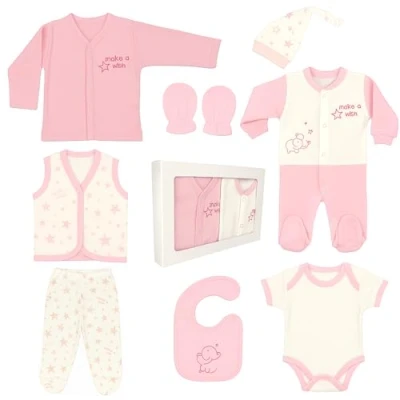 Abbildung von Blue Eyes Neugeborenen Baby Geschenk Set 100% natürliche Baumwolle Erstausstattung Ausstattung Mädchen Kleidung Geschenkset Babyausstattung für Babys 0 4 Monate 8 teilig (Stern Rosa)