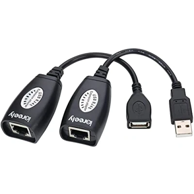 Abbildung von QIANRENON USB Extender RJ45 zu USB2.0 Verlängerungsadapter Über über Cat5/Cat5e/Cat6 Verlängerung Port, Signalverstärker verlängert auf 50m/166ft, 1Paar