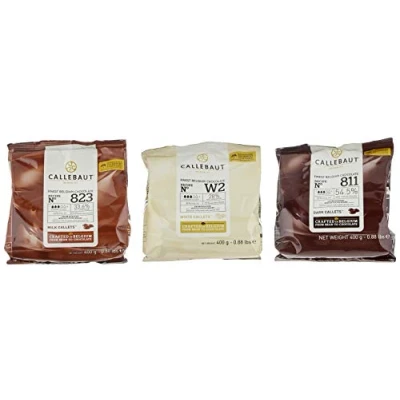 Abbildung von Callebaut Receipe No. 811, 823 und W2, Kuvertüre Callets, Zartbitterschokolade, Milchschokolade weiße Schokolade, 1200 g