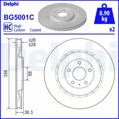 Abbildung von DELPHI BG5001C Bremsscheibe 356 28 5 Belüftet beschichtet hochgekohlt ohne Radlager, ABS Sensorring PORSCHE: Macan