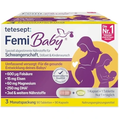Abbildung von tetesept Femi Baby 16 Nährstoffe für Kinderwunsch, Schwangerschaft &amp; Stillzeit mit Folsäure, Eisen, Jod + DHA 1 x 3 Monatspackung à 90 Tabletten Kapseln NEU