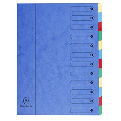 Abbildung von Exacompta 5112E Premium Ordnungsmappe aus extra starkem Colorspan Karton DIN A4 12 vollfarbige bunte Fächer mit Organisationsdruck und dehnbarem Rücken Ringmappe Register Mappe blau