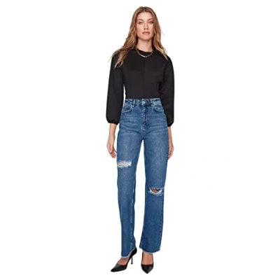 Abbildung von Trendyol Damen Herren Hoher Bund Weites Bein der 90er Jeans, Blau, 36 EU