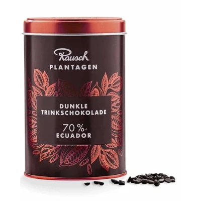 Abbildung von Rausch Trinkschokolade Kuvertüre 300 g Dunkle vegane Schokolade Ecuador 70% Geschenkdose gefüllt mit Edelkakao Perlen Heiße &amp; für zu Hause