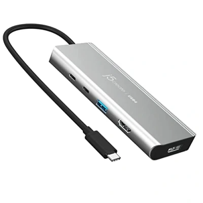 Abbildung von j5create USB4 Dual 4K Multi Port Hub 5 in 1 mit PD 85W, Display, DisplayPort 1.4, USB A, C Ports für Macbooks, Windows Laptops, Thunderbolt 3/4, und Geräte (JCD401)