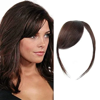Abbildung von Dicker Seitlicher Pony Clip In Echthaar 100% Gerade Fransen Haarverlängerungen (Dunkelbraun Farbe, mit Tempeln)