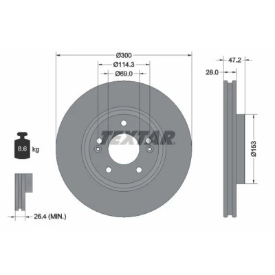 Abbildung von TEXTAR 92166505 Bremsscheibe 300 28 05/07 114,3 innenbelüftet beschichtet hochgekohlt ohne Radbefestigungsbolzen, Radnabe HYUNDAI: Veloster