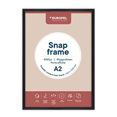 Abbildung von Europel leichte Klapprahmen DIN A2 mattschwarz pulverbeschichtet, Easy Click System, Profil 25x11 mm, eloxierte Aluminium und blendfreie Schutzfolie, Außenmaß 451x625 grau Polystyrol Rückseite