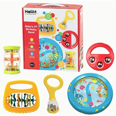 Abbildung von Halilit Baby&#039;s First Birthday Band Musical Instrument Gift Set. Includes Ocean Drum, Baby Maraca, Ring My Bell, Rainboshaker &amp; Clip Clap. Music Sensory Toy. Suitable for Boys Girls 12 months +
