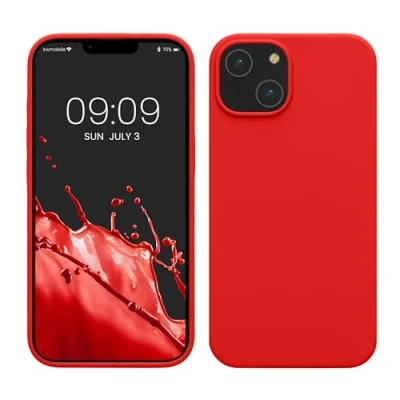 Abbildung von kwmobile Hülle für das iPhone 14 dünnes Silikon Handy Case stoßfeste Handyhülle mit weicher Oberfläche unterstützt kabelloses Laden Rot