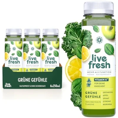 Abbildung von LiveFresh GRÜNE GEFÜHLE Kaltgepresster Wellness Saft Keine Zusätze, kein zusätzlicher Zucker Gekühlt und isoliert geliefert inkl. 6 Pfand (24 x 250ml)