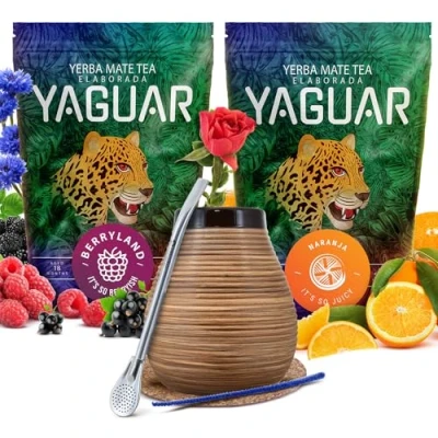 Abbildung von Verde Mate Green Tee Set Zweierpack Mas IQ und Frutos Tropicales Kalebasse, Bombilla Zubehör Natürliches Koffein Brasilianische 2x500g 1kg
