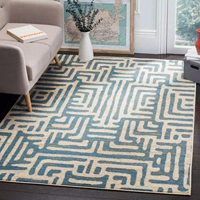 Abbildung von SAFAVIEH Modern Teppich für Wohnzimmer, Esszimmer, Schlafzimmer Amsterdam Collection, Kurzer Flor, Elfenbein und Hellblau, 201 X 279 cm