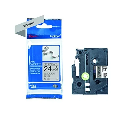 Abbildung von Original Brother textiles Schriftband TZe R951 schwarz auf silber 24 mm breit, 4 m lang (u.a. für P touch H200, H100LB/R, H105, E100/VP, D200/BW/VP, D210/VP,Cube, Cube Plus)
