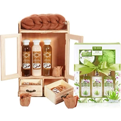 Abbildung von BRUBAKER Cosmetics 2 in 1 Pflegeset Kokosnuss &amp; Aloe Vera Großes 15 teiliges Wellness Set Damen Dusch und Badeset Frauen Beauty Geschenkset mit Deko Holzschrank