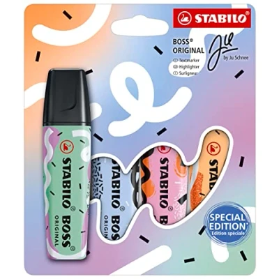Abbildung von Textmarker STABILO BOSS ORIGINAL Pastel by Ju Schnee 4er Pack Hauch von Minzgrün, wolkenblau, frische Fuchsie, sanftes Orange
