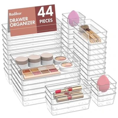 Abbildung von Radikor Schubladeneinsatz Schubladen Organizer 44 Stück Schminktisch in 4 Größen, Drawer Organizer, Make Up Ordnungssystem für Schreibtisch, Büro, Küchen, Bad