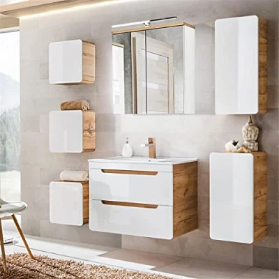 Abbildung von Lomadox Badmöbelset mit 81 cm Waschtisch &amp; LED Spiegelschrank in Hochglanz weiß Wotan Eiche Nb., B/H/T ca. 180/200/46