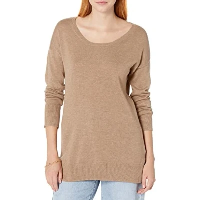 Abbildung von Amazon Essentials Damen Leichter, langärmliger Tunika Pullover mit U Ausschnitt (in Übergröße erhältlich), Kamelbraun Meliert, XS