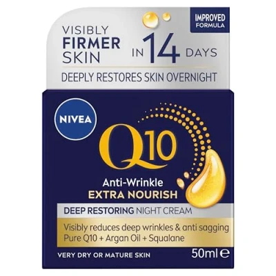 Abbildung von NIVEA Q10 Anti Falten 60+ Extra pflegende Nachtcreme (50 ml), angereicherte Feuchtigkeitspflege für reife Haut, weichmachende mit Arganöl