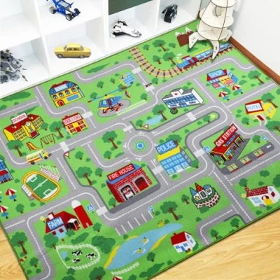 Abbildung von Capslpad Kinderteppich, Spielmatte, Teppich, 150 x 200 cm, extra groß, Stadtleben, Lernmatte, pädagogische Automatte, Spielteppich für Baby, Kleinkind, Jungen, Schlafzimmer, Spielzimmer