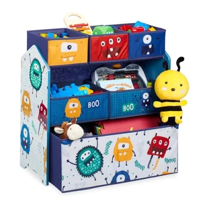 Abbildung von Relaxdays Kinderregal mit 6 Stoffboxen, Monster Design, HxBxT: 66 x 63,5 30 cm, Spielzeugregal fürs Kinderzimmer, bunt